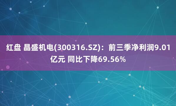 红盘 晶盛机电(300316.SZ)：前三季净利润9.01亿元 同比下降69.56%